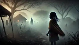 Thandiwe camina a través de una densa niebla, vislumbrando la imagen de su aldea abandonada y a su abuela observándola a lo lejos.