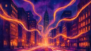 Una calle nocturna en Nueva York que brilla con venas de energía etérea latiendo sobre el pavimento.