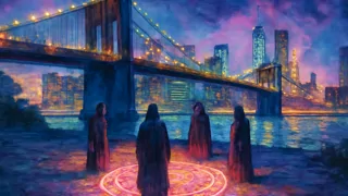Un grupo de artistas y guardianes canalizando energía luminosa bajo el puente de Brooklyn