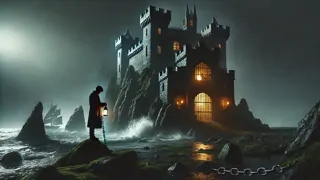 Una figura envuelta en un manto se desliza por el arco de piedra del Château d’If a la medianoche, mientras las olas golpean con fuerza en las rocas de abajo.