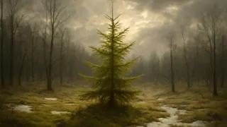 Un joven abeto que se extiende hacia un cielo nublado en un bosque de principios de primavera.
