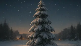 Un abeto maduro bajo una manta de nieve, con un pueblo iluminado por faroles a lo lejos.