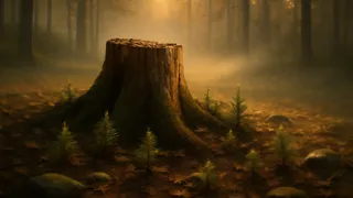 Una antigua base de un abeto rodeada de nuevos retoños, mientras la luz del amanecer se filtra sobre un sereno suelo del bosque.