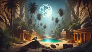 Layla y Timur se encuentran maravillados ante el oculto Oasis de Luz de Luna, rodeado de ruinas y palmeras que enmarcan una piscina de agua cristalina.