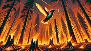 Colibrí enfrentándose a llamas colosales que devoran altos pinos con una postura decidida