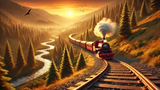 Una pequeña locomotora roja brillante comenzando su ascenso empinado por una vía férrea serpenteante bajo un atardecer dorado.