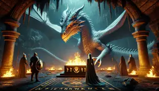 El dragón plateado Valmar emerge de las sombras, con sus alas desplegadas, frente a la dama Ivana en una cueva resplandeciente.