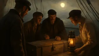 Los miembros de la tripulación se reúnen alrededor de una caja de madera sellada en la cubierta.