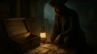 Capitán revisando documentos antiguos dentro de la caja en la bodega del barco.