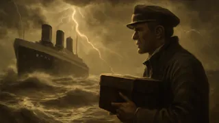 Tormenta violenta en el mar iluminada por relámpagos revela la silueta del barco