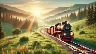 La locomotora descendiendo la montaña hacia un nuevo horizonte, iluminada por la brillante luz de la mañana.