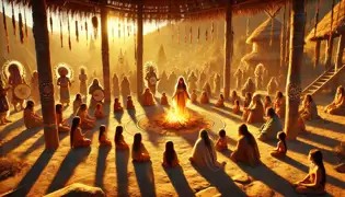 Los pueblos san se reúnen alrededor de un fuego sagrado, rindiendo homenaje a !Kai a través de la danza y la narración de historias, transmitiendo su leyenda de generación en generación.