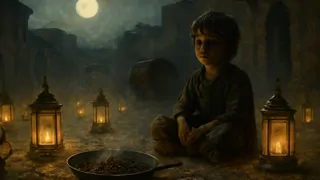Una madre etíope se arrodilla junto a un niño en silencio, bajo el resplandor de farolillos festivos.