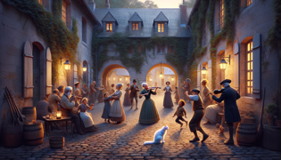 Os aldeões se reúnem em um pátio escondido, celebrando sob uma luz suave do crepúsculo, com um gato branco no centro.