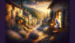 Um misterioso gato branco está sentado em uma janela de pedra de uma antiga pousada em uma vila francesa.