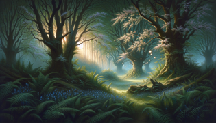 Un claro luminoso en el antiguo bosque, donde luces etéreas y delicadas flores invitan a un viajero solitario.