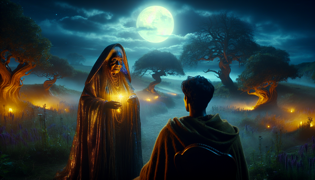 Una enigmática anciana bajo la luna de cosecha, con los ojos iluminados por una antigua sabiduría y misterio.