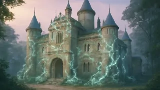 Una torre del palacio cubierta de maleza, devorada por enredaderas espinosas y que emiten un brillo intenso.