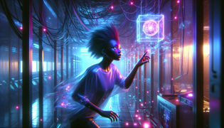Escapa a través de un túnel de datos iluminado por neones.