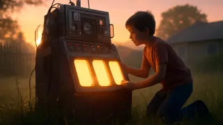 Un niño pequeño se encuentra junto a su máquina del tiempo hecha en casa en su patio trasero al amanecer, rodeado por la hierba cubierta de rocío.