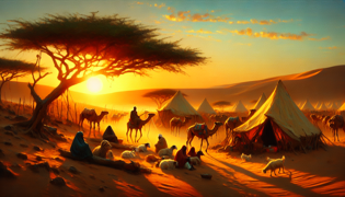 Igal Shidad cuidando de sus cabras al amanecer bajo un árbol de acacia, con las dunas del desierto detrás de él.