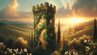 Medieval stone tower entwined with ivy and jasmine under a golden sky