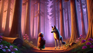 Lobo gris de ojos ámbar bloquea el camino de un viajero anciano entre antiguos cedros.
