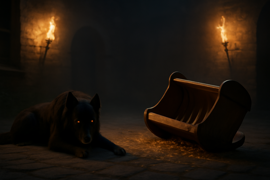 Gelert mostrando los dientes bajo la tenue luz de las antorchas en la puerta de un castillo, con la cuna vacía volcada tras él.
