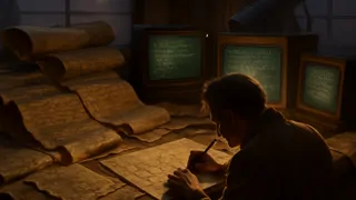 Primera generación de terminales informáticos con grabados de rollos tibetanos y matemáticos depurando código