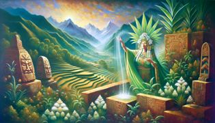 La lluvia cae intensamente sobre tierra agrietada mientras una figura de diosa se transforma en flores de coca flotantes.