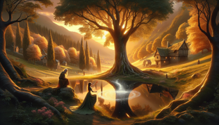 La princesa Elowen enfrenta un estanque oscuro bajo un árbol de ceniza atravesado por relámpagos.