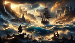 Alfred se tient à la barre d'un galleon luttant contre des vagues monstres lors d'une tempête violente.