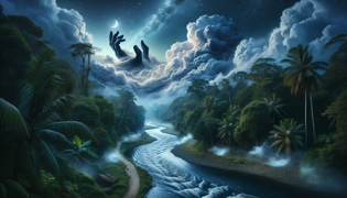 La mano gigante de El Mohán emergiendo de las turbulentas corrientes del río para colapsar un canal bajo un cielo iluminado por la luna.