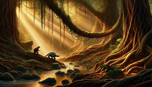 ## Escena del Tortuga y el Castor
Una tortuga y un castor se encuentran en un frondoso bosque, donde un estrecho puente de pie de vinieras cubre un arroyo cristalino que brilla bajo la luz del sol. La tortuga avanza lentamente, con cautela, mientras sus patas se aferran a las resbaladizas lianas que cuelgan a los lados del puente. El castor, más ágil y rápido, la sigue de cerca, manteniendo el equilibrio mientras observa el paisaje que se extiende a su alrededor.
A medida que avanzan, se detienen por un momento, admirando el suave murmullo del agua que fluye por debajo. La frondosidad de los árboles rodea el camino, creando un ambiente mágico y sereno. Con un leve susurro, el castor le dice a la tortuga que tengan cuidado, ya que el puente es delgado y la caída podría ser peligrosa. Juntos, continúan su travesía, su amistad creciendo con cada paso que dan en ese pintoresco sendero.
A su alrededor, la vida silvestre cobra vida: pájaros cantan melodías alegres y mariposas danzan en el aire. El aroma a tierra húmeda y vegetación fresca llena el ambiente. La tortuga y el castor, a pesar de sus diferencias, comparten un objetivo común: atravesar el puente y explorar más allá de lo conocido.