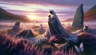 Una madre sosteniendo a su hijo en la cima de una colina cubierta de brezo bajo la luz del sol, con su manto ondeando en la brisa del amanecer.