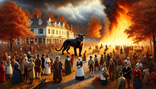 Le panthère conduit les habitants du village en lieu sûr pendant un incendie de grand ampleur, avec Miss Sally Ann qui les guide.