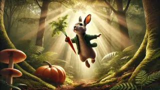 Peter Conejo saltando de regreso al bosque, agarrando una zanahoria y un trozo de calabaza.