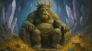 El Rey Troll sentado en un trono de piedra rodeado de tesoros en una cueva iluminada por cristales.