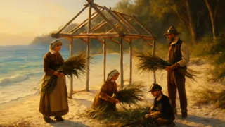 Familia construyendo un refugio de bambú en la playa de arena al amanecer.