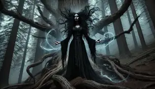 Tupára se transformó en la Bruja de Ybycuí, rodeada de sombras y energía mística.