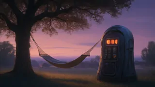Una silueta de un niño descansando en una hamaca bajo un cielo crepuscular, junto a su máquina del tiempo inactiva.