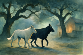 Two spectral black and white dogs with glowing eyes in a moonlit clearing