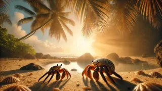 Two crabs side by side by a rock pool as morning light filters through palm fronds