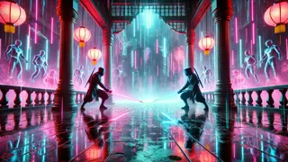 Dos ciber-ninjas se enfrentan bajo una lluvia de neón en las almenas del palacio.