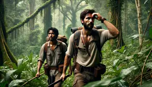 Emílio e Diego atravessam a densa selva guatemalteca, cercados por árvores imponentes e uma vegetação vibrante.