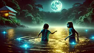 Lucía y Valeria nadan en el resplandeciente río Pastaza a la medianoche, rodeadas de luces azules fantasmales y reflejos dorados.