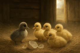 Un pequeño patito gris entre patitos amarillos en un patio de granja rústico.