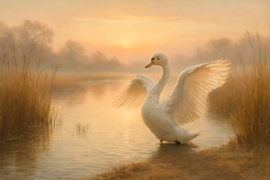 Un majestuoso cisne blanco emergiendo de las aguas azuladas y ondulantes.