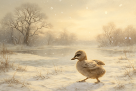 Un patito gris que vaga solo por un paisaje nevado.