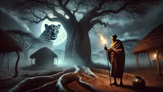 Un anciano relata la leyenda de Kaombi transformándose en el Hombre Leopardo bajo un majestuoso árbol de baobab que brilla con luz propia.